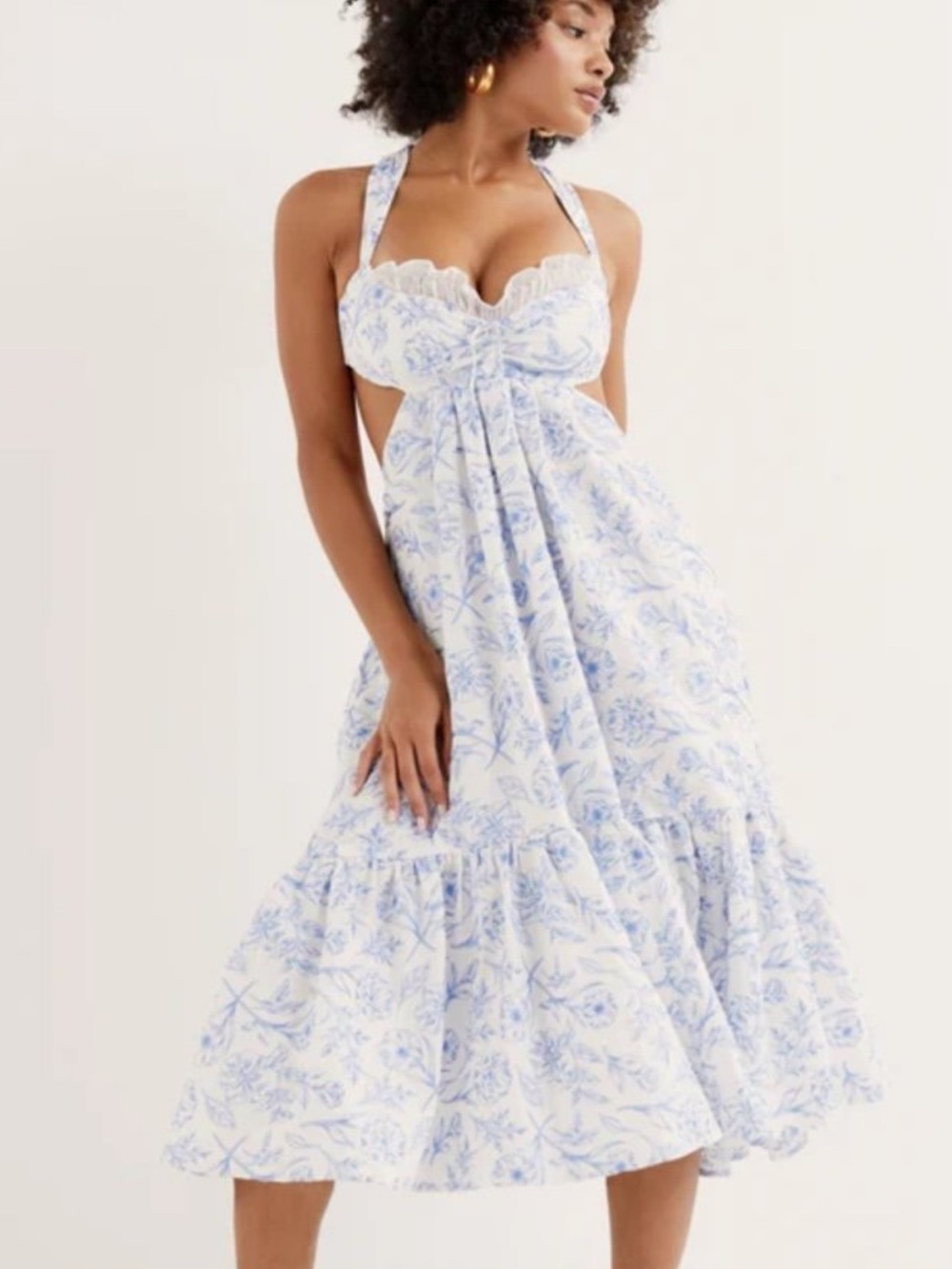 For love and lemons Maisie midi dress linen blend white blue size large